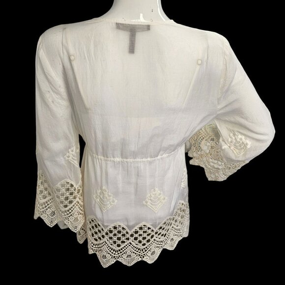 BCBG MaxAzaria White Lace Boho Top + Cami Cotton Drawstring Waist V Neck Women S - Picture 4 of 12